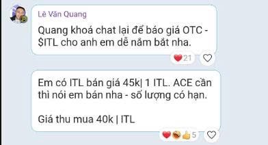 A Vietnamese-language chat conversation where 'Lê Văn Quang' discusses OTC chat group for SÍTL pricing, mentioning ITL selling at 45k/1 ITL with limited quantity, and a buying price of 40k/1 ITL.