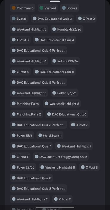 A dark-themed interface displays a categorized list of items under headers 'Commando', 'Verified', and 'Socials', featuring entries like 'DAC Educational Quiz', 'Weekend Highlight', 'Poker', and 'X Post'.
