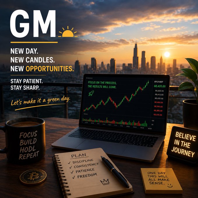 A 'GM' (Good Morning) cryptocurrency motivational image showing a desk with a laptop displaying a BTC/USDT price chart, a coffee mug reading 'FOCUS BUILD HODL REPEAT,' and motivational text about new opportunities.