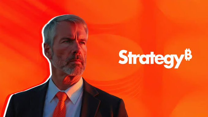 Michael Saylor appears alongside the "Strategy" logo (with Bitcoin ticker) against an orange backdrop, visually reinforcing the post's bullish case that $MSTR/Strategy's market cap has significant room to grow—surpassing even Ethereum—to reach a new all-time high.