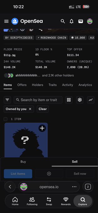 A screenshot of the OpenSea app showing a Script Kiddies NFT collection on the Robinhood Chain, displaying a floor price of $119.96, 24H volume of $146.2K, and a listing with a placeholder avatar belonging to holder "ahhhhhhhhhhh." The image illustrates the user's claim of being a holder who won a Script Kiddies NFT, with the empty listing icon and single item visible reinforcing their participation in the collection.