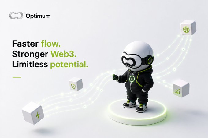 A promotional graphic for 'Optimum' features the tagline 'Faster flow. Stronger Web3. Limitless potential.' alongside a 3D character in futuristic gear surrounded by floating icons.