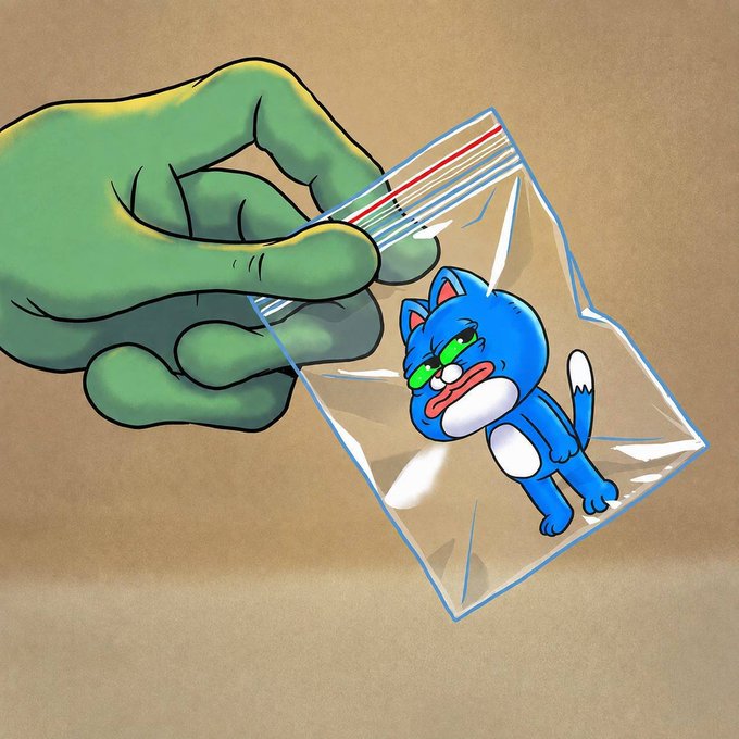 A cartoon illustration of a green hand holding a sealed plastic bag containing a distressed blue cat character wearing green sunglasses.