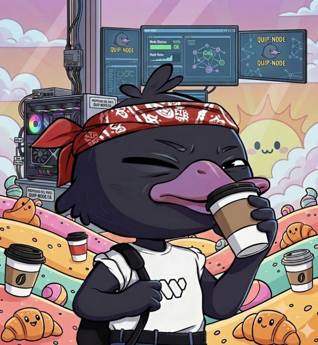 A cartoon illustration of a duck-like character wearing a red bandana, drinking coffee in a colorful landscape filled with smiling croissants, with computer monitors displaying 'QUIP-NODE' behind it.