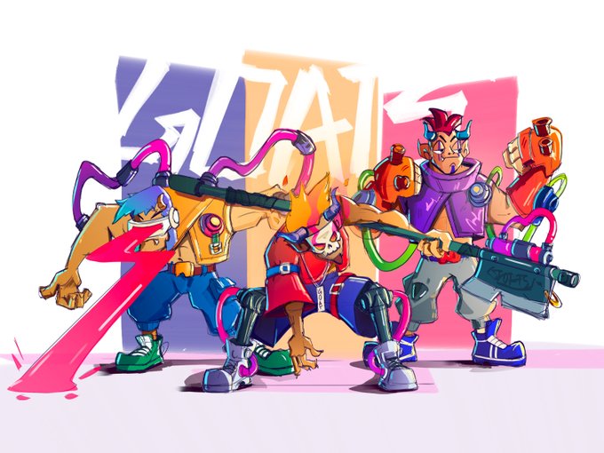 Colorful cartoon artwork featuring three stylized characters with weapons, pink and orange tubes, and graffiti-style 'ZIDAX' lettering in the background.