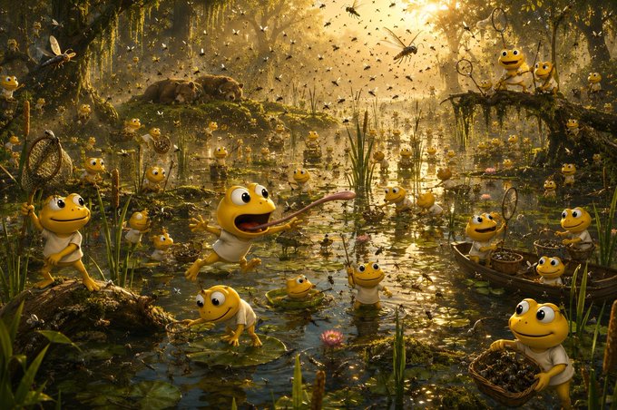 A whimsical scene shows a swarm of cheerful, anthropomorphic yellow frogs enjoying a sunlit swamp filled with lily pads, bees, and butterflies, while one frog catches a butterfly with its tongue and another carries a basket of treats in a small boat. The playful imagery brings the message to life, illustrating the post's reminder that even $TURBO Toad returns to his natural swampy roots to enjoy a peaceful weekend in nature.