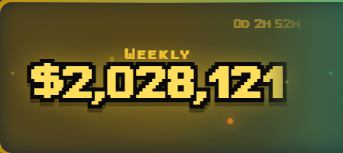 A pixelated game screen displaying a weekly earnings amount of $2,028,121 with a countdown timer of 2 hours and 52 minutes.