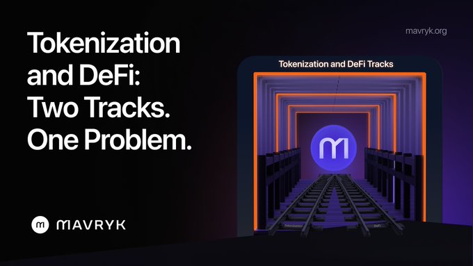 A promotional graphic with the text 'Tokenization and DeFi: Two Tracks. One Problem.' alongside the Mavryk logo and an image of server racks with glowing orange frames.
