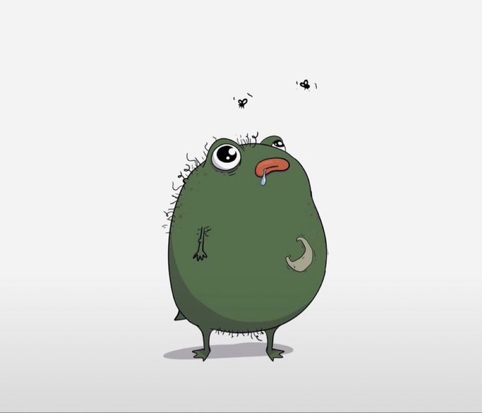 A cartoon illustration shows a green, somewhat bedraggled creature with big eyes, drooling and looking dizzy with flies buzzing around its head.