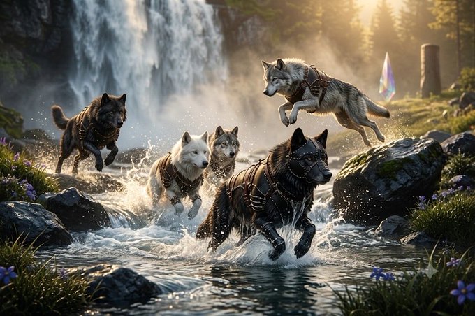 A fantasy artwork depicting a pack of wolves wearing harnesses running through a stream with a waterfall in the background, with one wolf leaping through the air.