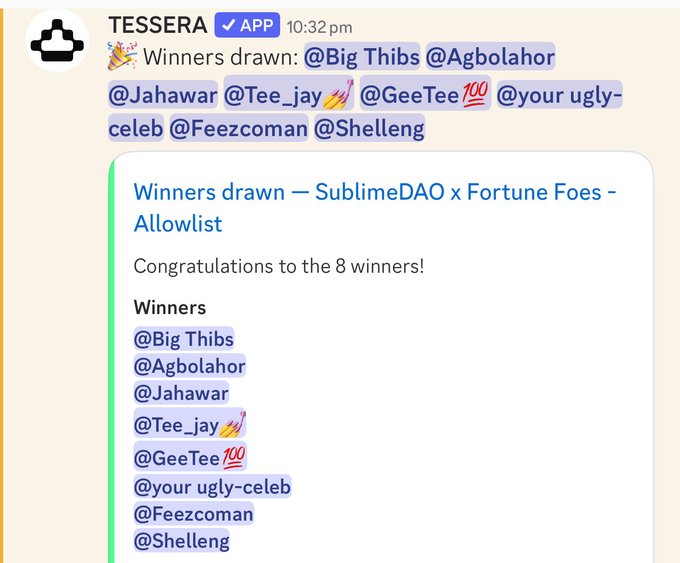 A Telegram message from 'TESSERA APP' announces the winners drawn for 'SublimeDAO x Fortune Foes - Allowlist', listing eight handles including '@Big_Thibs', '@Agbolahor', and '@Shelleng'.