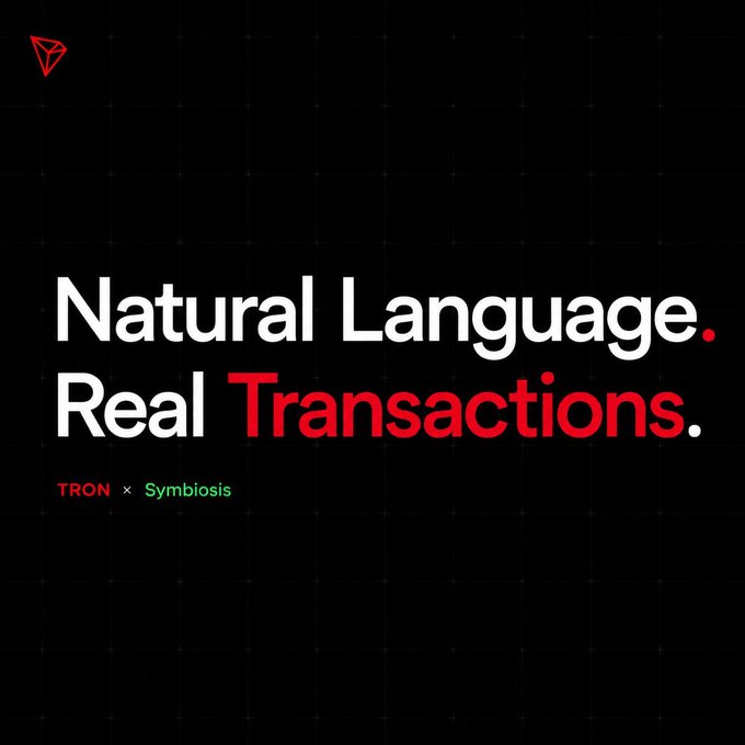 The image features a black background with white text that reads "Natural Language, Real Transactions." The text is written in red and green colors, which stand out against the black background. The text also includes a link to a website called "Sympolis" for more information about natural language processing and its applications in the context of TRON transactions.
