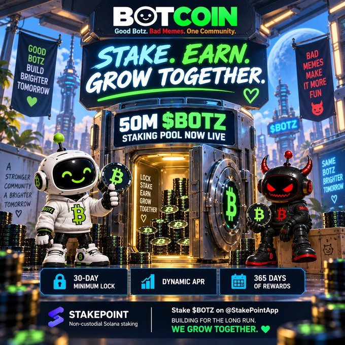 Promotional graphic for BotCoin ($BOTZ) staking on StakePoint, featuring two mascot robots holding Bitcoin coins beside an open vault filled with $BOTZ tokens, with banners reading "Stake. Earn. Grow Together." and "50M $BOTZ Staking Pool Now Live," alongside details for a 30-day minimum lock, dynamic APR, and 365 days of rewards.