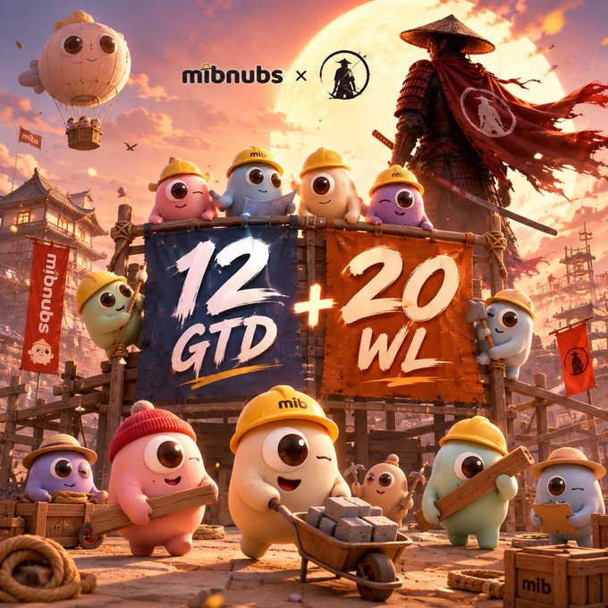 A whimsical promotional artwork for "mibnubs x" featuring cartoon mascot characters in yellow hard hats at a construction-themed scene with samurai warriors, banners reading "12 GTD + 20 WL," and a hot air balloon against a sunset sky.