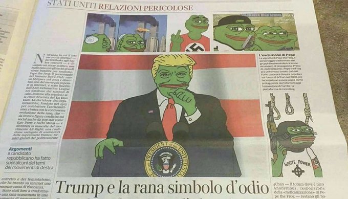 A newspaper front page features an article titled "Trump e la rana simbolo d'odio" (Trump and the frog symbol of hate) alongside various depictions of the Pepe the Frog meme, including one styled to resemble Donald Trump. The accompanying post and image suggest that the widespread use of Pepe the Frog, even in controversial contexts, is being interpreted as a sign of a market bottom.