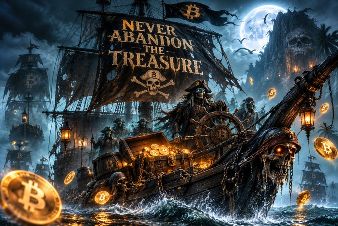 A dramatic fantasy pirate scene featuring a ghostly ship with a sail reading 'NEVER ABANDON THE TREASURE' with a Bitcoin logo, gold coins scattered around, skeletal pirate figures, and a skull-shaped island in the background.