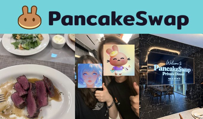A collage promoting PancakeSwap, featuring the bunny logo and 'PancakeSwap' text at the top, with photos below showing a plated steak meal, two people giving thumbs up with cartoon stickers covering their faces, and a 'Welcome to PancakeSwap Private Dinner MERKURY' sign.