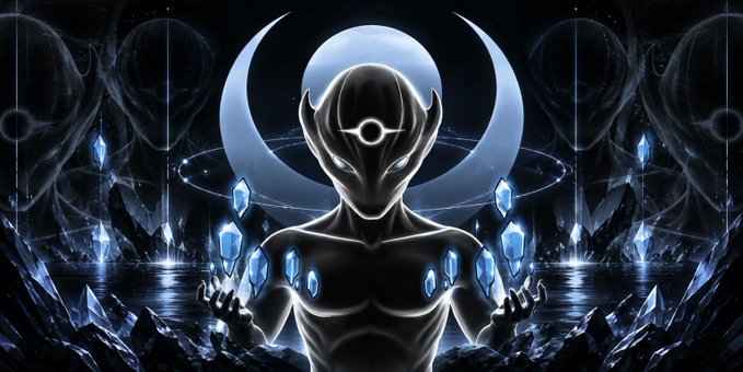 A digital artwork featuring a dark, faceless humanoid figure surrounded by floating blue crystals, set against a moon and cosmic background.