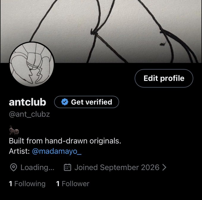A screenshot of the @ant_clubz X profile, featuring a hand-drawn ant avatar, the tagline "Built from hand-drawn originals," and an artist credit to @madamayo_, announcing the new social media account for an upcoming 2027 NFT collection.