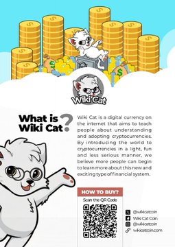 The image features a poster for a game called "Wild Cat". It includes a cartoon cat, a stack of gold coins, and text that reads "What is Wild Cat? WKC - your ticket out of trenches." The poster also contains a QR code that can be used to access more information about the game.