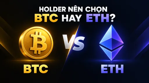 A graphic comparing Bitcoin (BTC) and Ethereum (ETH) with the text 'HOLDER NÊN CHỌN BTC HAY ETH?' at the top.