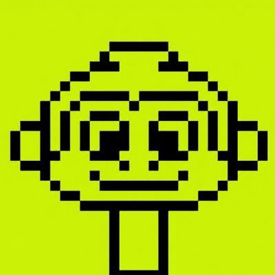 A pixel art illustration of a smiling monkey face on a bright green background.