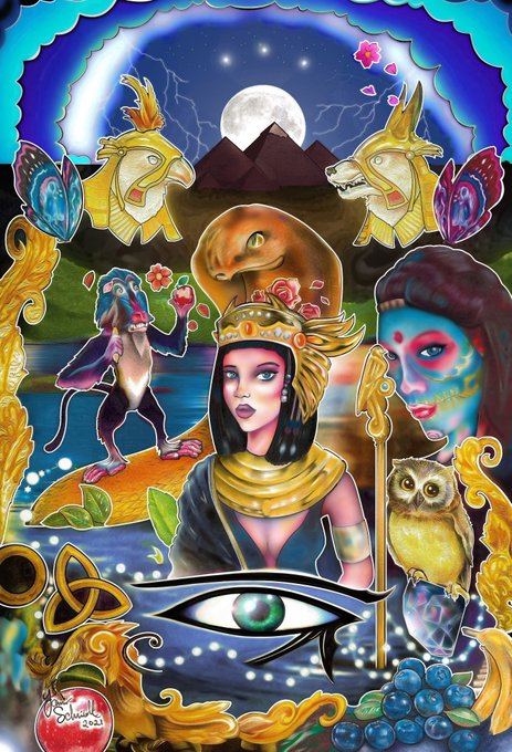 A vibrant, psychedelic digital collage featuring a central Egyptian-style female figure, surrounded by owls, a monkey, snakes, an Eye of Horus, and a moonlit sky, signed 'Pamela Hope 2022'.