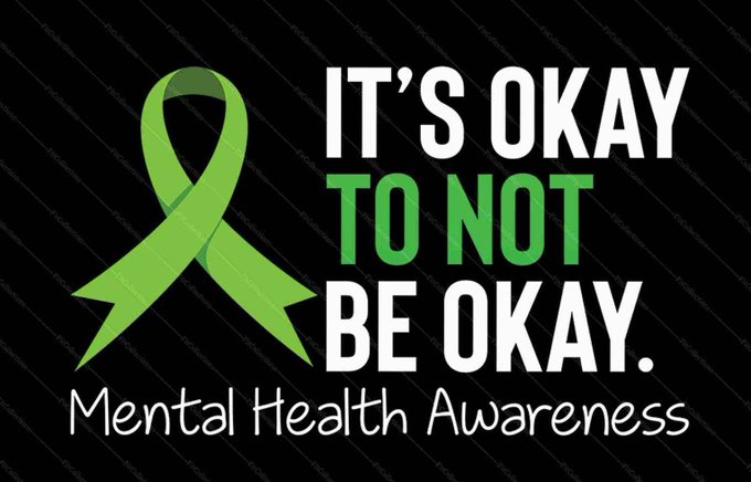 A mental health awareness graphic featuring a green awareness ribbon and the text 'IT'S OKAY TO NOT BE OKAY. Mental Health Awareness' on a black background.