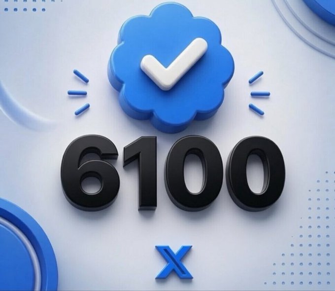 A blue 3D verified checkmark badge sits above the bold black text "6100" with an "X" below, visually reinforcing the message of celebrating 6,100+ achievements in creating better futures and inspiring bold thinkers.