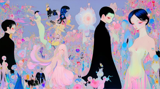A vibrant, surreal digital painting featuring multiple stylized figures with pale skin and dark hair set against a background filled with pastel-colored flowers and abstract floral elements.