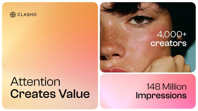 The image is a promotional graphic for "CLASHO" featuring a close-up portrait of a woman's face, with text highlighting "Attention Creates Value," "4,000+ creators," and "148 Million Impressions" against warm gradient backgrounds. The graphic ties to the post's theme by showcasing Clasho's focus on identifying genuine, original creators with consistent content patterns rather than those chasing viral trends or simply reposting.