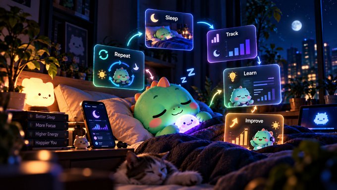 A cute green and blue "Sleepagotchi" character sleeps peacefully in a cozy bedroom surrounded by glowing interface panels labeled "Sleep," "Track," "Repeat," "Learn," and "Improve," alongside a checklist reading "Better Sleep, More Focus, Higher Energy, Happier You." The image visually brings to life the post's theme by transforming raw sleep data into an approachable, actionable sleep improvement journey rather than just numbers or a score.