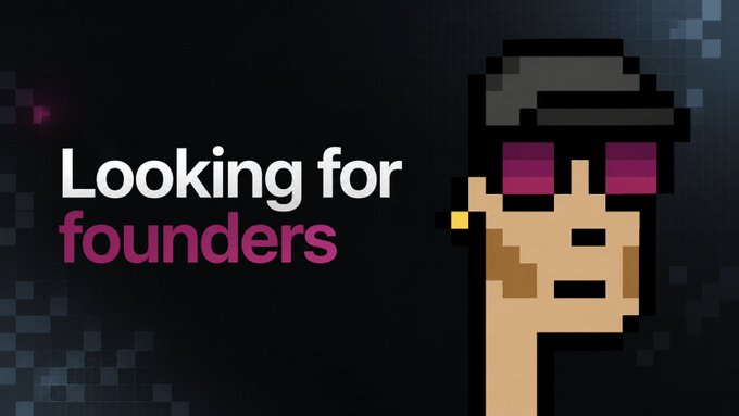 A pixel-art character wearing sunglasses appears next to the text "Looking for founders," illustrating the post's call for Web3 startup founders to be featured on the upcoming "Capital Cup" podcast.