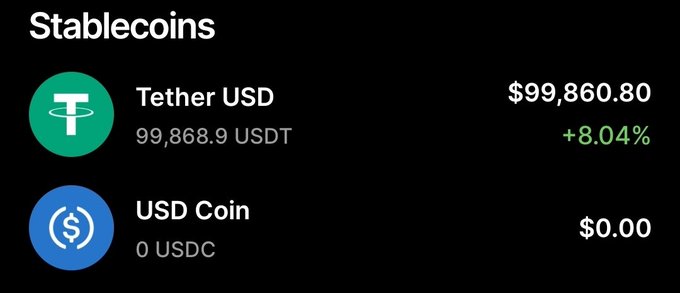 A dark-themed financial dashboard titled 'Stablecoins' showing Tether USD (USDT) at $99,860.80 with a +8.04% gain and USD Coin (USDC) at $0.00.