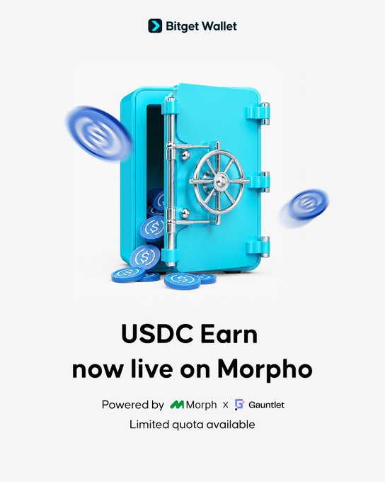 Promotional graphic for Bitget Wallet featuring a blue vault safe with USDC coins, advertising 'USDC Earn now live on Morpho' powered by Morpho x Gauntlet with limited quota available.