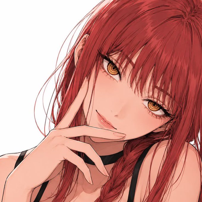 An anime-style illustration of a woman with red hair and golden eyes, touching her face with manicured nails.