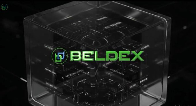 A dark 3D rendering featuring a transparent cube with internal circuitry and the green 'BELDEX' cryptocurrency logo/branding displayed prominently.