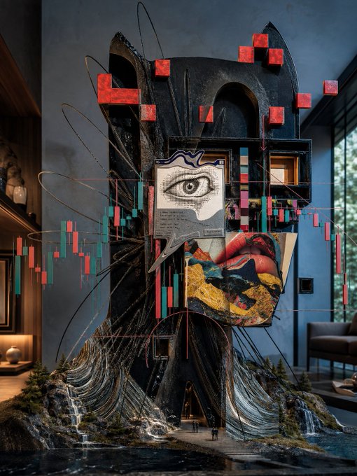 A surreal sculpture combining abstract architectural forms, an embedded eye, lips, and overlaid stock market candlestick charts in a modern interior setting.