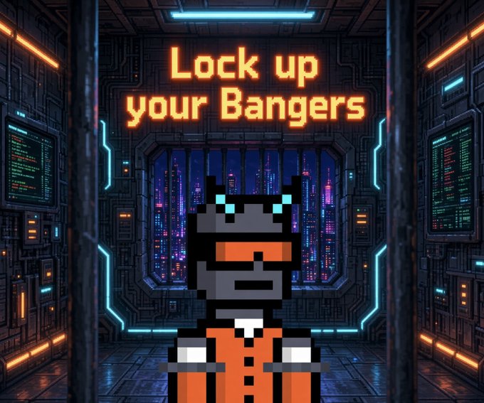 Pixel art character in an orange prison jumpsuit behind bars in a sci-fi corridor with neon text reading "Lock up your Bangers".