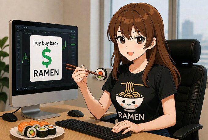 An anime-style woman wearing a "RAMEN" t-shirt sits at a computer eating sushi rolls with chopsticks, while the monitor displays "buy buy back $ RAMEN" alongside trading charts. The image playfully ties into the completed $RAMEN buyback and SushiSwap liquidity pool announcement by combining coding, crypto charts, and ramen-themed branding with the sushi connection to SushiSwap.