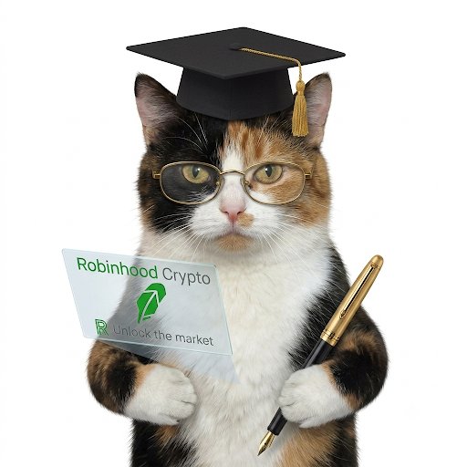 An AI-generated image of a calico cat wearing a graduation cap and glasses, holding a Robinhood Crypto card and a pen.
