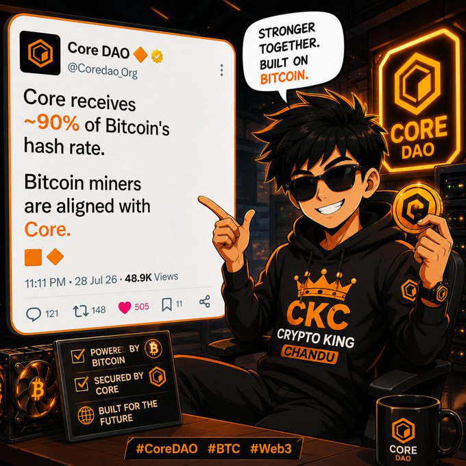 An anime-style "Crypto King Chandu" character wearing a CKC hoodie and sunglasses points to a Core DAO tweet claiming Core receives ~90% of Bitcoin's hash rate, while surrounded by Core DAO branding, Bitcoin-themed elements, and hashtags #CoreDAO #BTC #Web3. The image visually reinforces the post's message that Bitcoin miners are aligning with Core for its security and Bitcoin-backed foundation.
