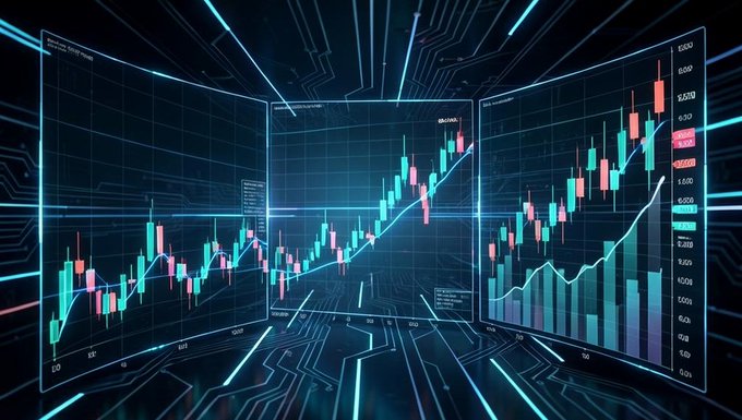 A futuristic digital visualization showing three transparent display panels displaying candlestick stock charts and trading data in cyan and red against a dark circuit board background.