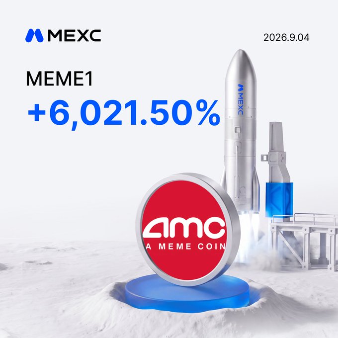 A promotional graphic for MEXC cryptocurrency exchange featuring a red "amc - A MEME COIN" token on a launchpad alongside a rocket, highlighting that $MEME1 has surged +6,021.50% since its MEXC debut as of 2026.9.04.
