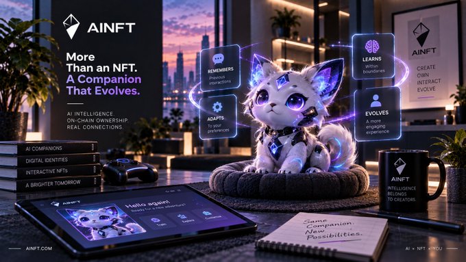 An advertisement for 'AINFT' featuring a purple and white fantasy cat companion with glowing eyes, highlighting features like Remembers, Adapts, Learns, Evolves, and the tagline 'More Than an NFT. A Companion That Evolves.'