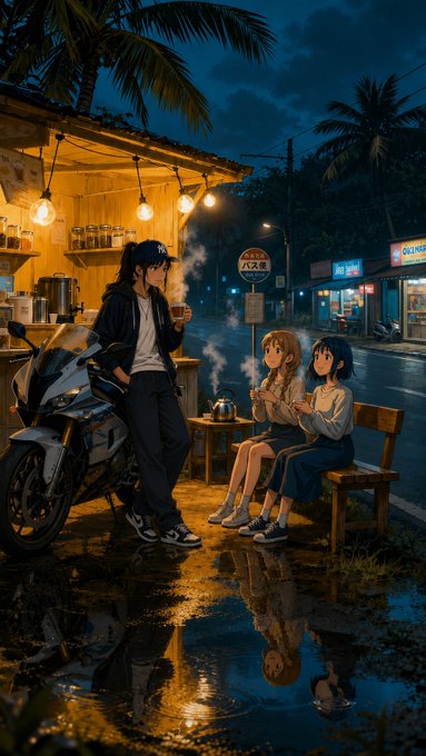 A trio unwinds at a dimly lit roadside café under string lights, with a motorcyclist sipping coffee while two friends chat on a wooden bench beside a bus stop sign reading "バス" (bus), all reflected in a rain-soaked street—capturing the quiet evening wind-down before tomorrow's hustle.