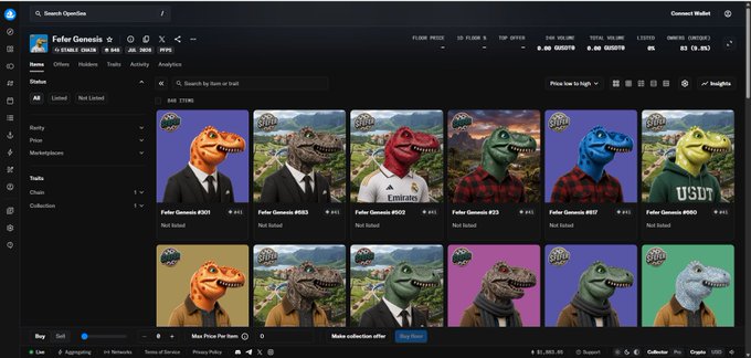 A screenshot of the Tensor NFT marketplace showing the 'Fefer Genesis' collection with multiple dinosaur-themed NFT listings priced around 83.78 SOL, featuring various dinosaur characters in different outfits.