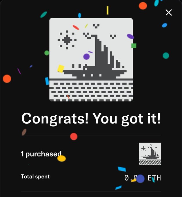 A confirmation screen showing a pixelated NFT purchase with the text 'Congrats! You got it!', '1 purchased', and 'Total spent 0 ETH' amidst confetti graphics.