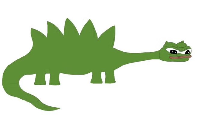 A cartoon illustration of a green dinosaur with a stegosaurus-like ridge on its back and a long neck, featuring an angry-looking face with a protruding tongue.