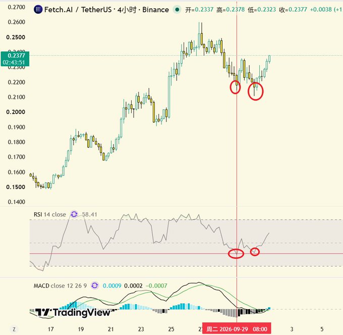 A TradingView candlestick chart for Fetch.AI/TetherUS (FETUSDT) on Binance 4-hour timeframe, showing price action around 0.2377 with RSI and MACD indicators and red circles highlighting key points.